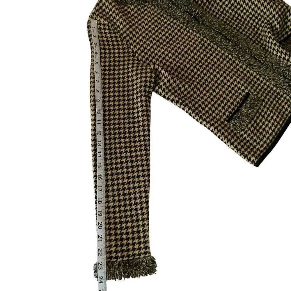 Belford Cardigan Cashmere Black Tan Houndstooth Loop Fringe Trim Zip Front Large